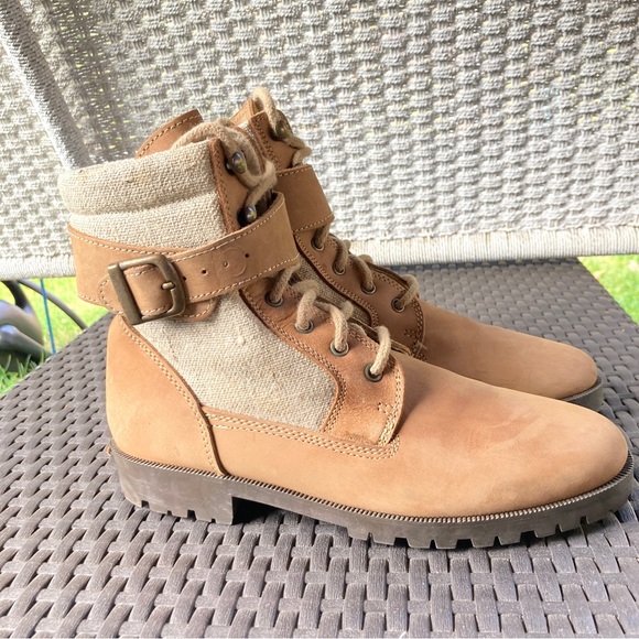 Trader Bay High Tan ankle boot leather fabric lace up buckle chunky heel flat - Picture 5 of 14